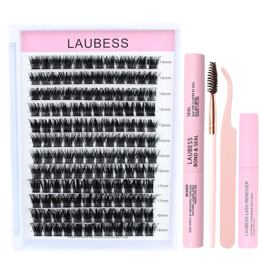Lash Clusters Kit LAUBESS DIY Lash Extension Kit Lash Bond and Seal Waterproof Lash Glue Remover Tweezers Brush Cluster Eyelash Extensions Kit Eyelash Clusters (Kit 03-D-Mix8-14)