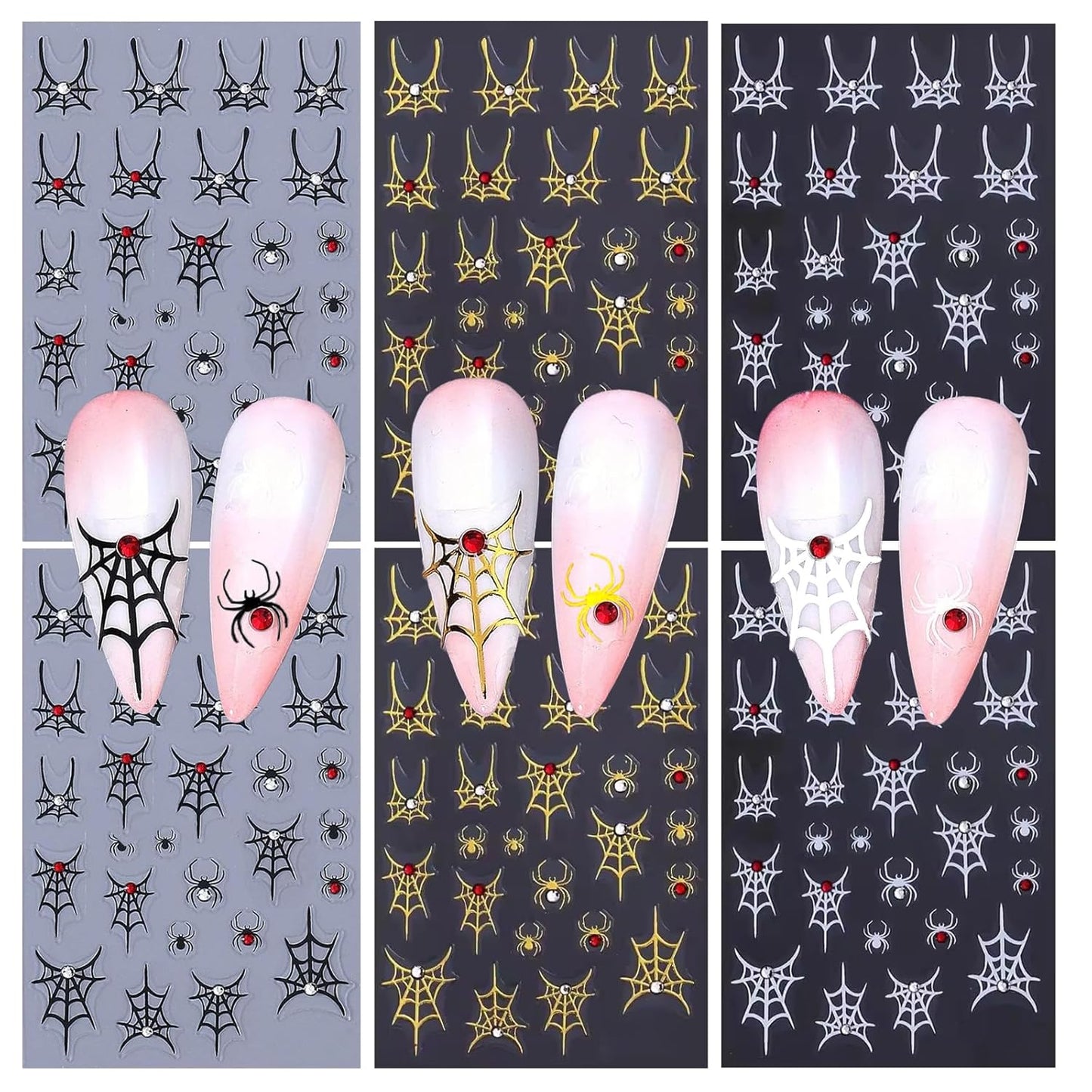 SILPECWEE 6 Sheets Halloween Nail Art Stickers, 3D Metal Nail Stickers Diamond Spider Web Nails Art Design Decal Manicure Sticker for Women Girl DIY Holiday Decoration