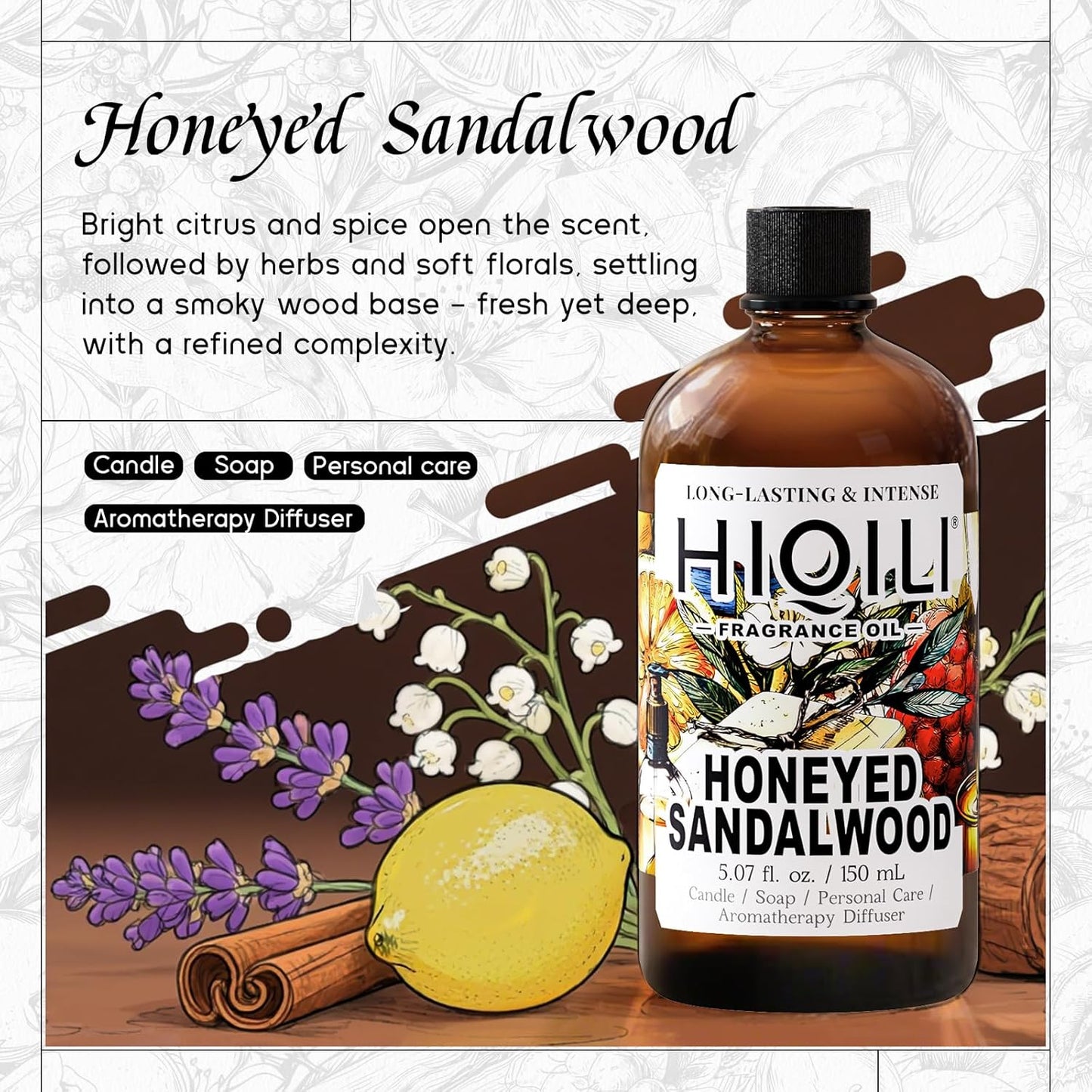 HIQILI Honeyed Sandalwood Fragrance Oil for Diffuser, Candle & Soap Making, Add to Dryer Balls, Lotion, Hotel Luxury Scents - 5.07 Fl Oz