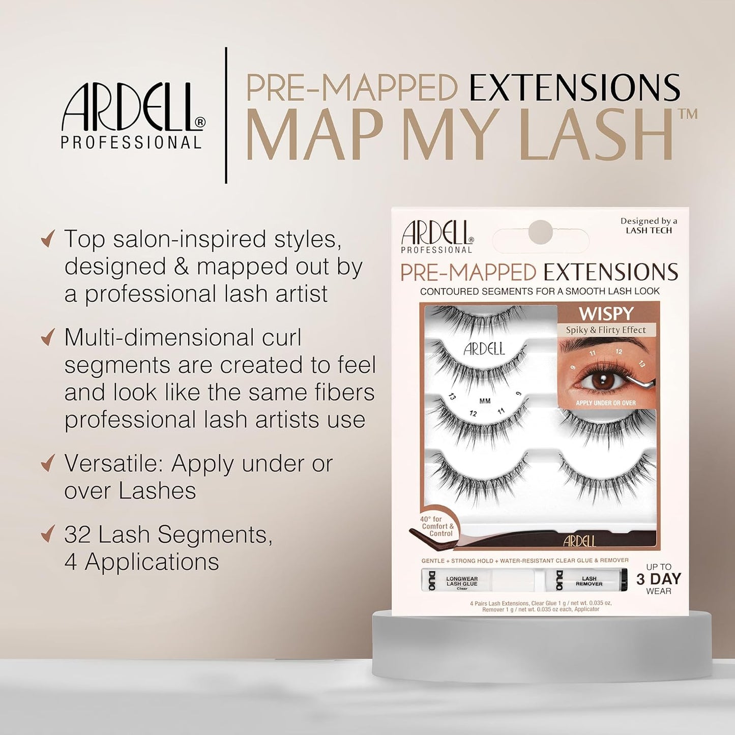 Ardell Pre-Mapped Eyelash Extensions Kit - False Lashes Wispy, Reusable Segmented Lash Strips, Long-Lasting with Lash Glue and Remover, 4 pack