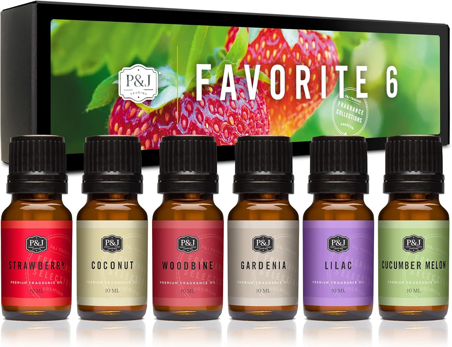 P&J Fragrance Oil Favorites Set | Strawberry, Coconut, Woodbine, Gardenia, Lilac, Cucumber Melon Scents for Candle Making, Soap Making Supplies, Diffuser Oils Scents