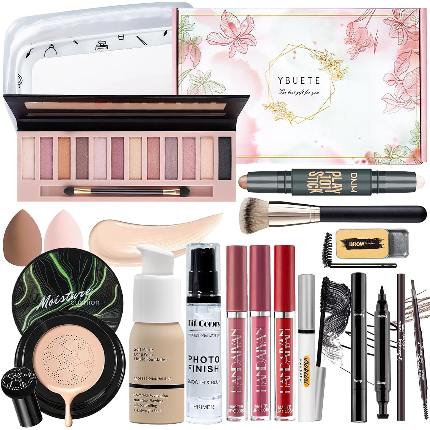 Makeup Kit Set for Women, Makeup Present for Women Teen Girl, Eyeshadow Foundation CC Cream Face Primer, Makeup Brush Sponge, Lipstick, Eyebrow Soap Pencil Mascara Eyeliner Cosmetic bag