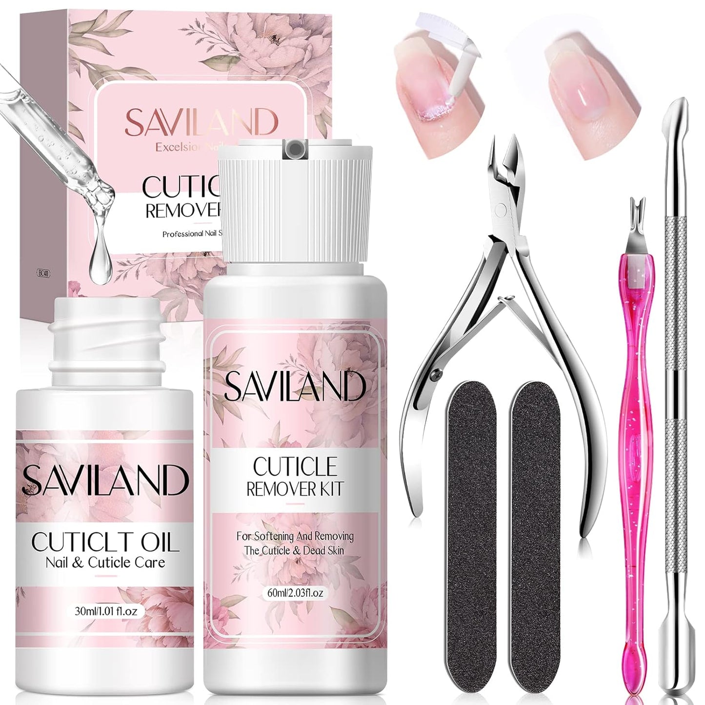 SAVILAND Cuticle Remover and Cuticle Oil Kit – Nail Care Kit with Cuticle Remover Liquid & 1.01 oz Cuticle Oil Cuticle Trimmer for Cuticle Softener & Moisturize Manicure Kit for Home Use