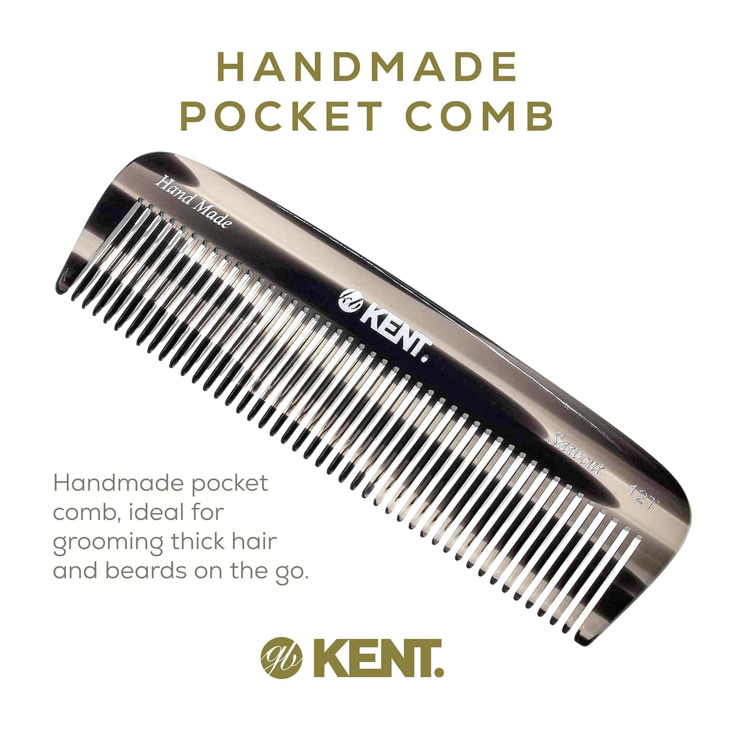 Kent 12T G Wide Tooth Detangling and Grooming Comb - Handmade Pocket Comb for Thick, Curly, Wavy Hair - Large Tooth Hair Detangler for Beard and Mustache - Saw-Cut and Hand Polished