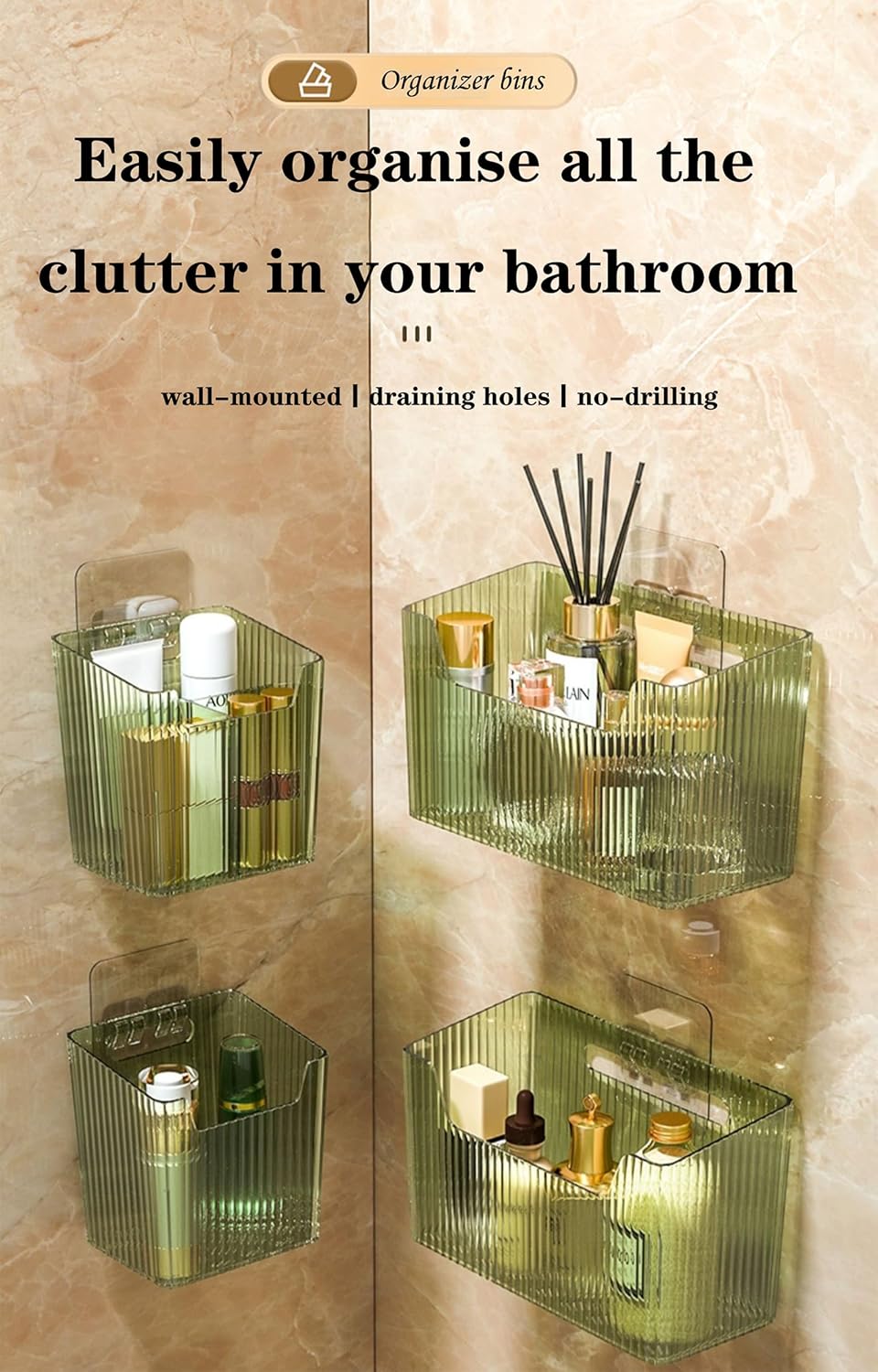 Set Of 2 Storage Organizer Bins Wall Mounted Shower Basket, Shower Caddy Stackable Clear Plastic Makeup Organizer Adhesive Hanging Bin for Bathroom, Kitchen, Cabinet, Pantry, BPA Free, Clear