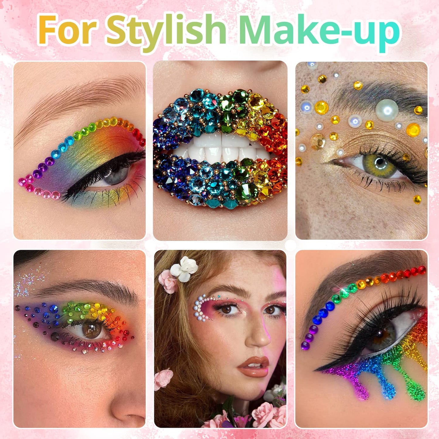 Colorful Flatback Face Gems and White AB Pearls for Makeup with Quick Dry Glue, Half Round Pearls Nail Art Rhinestones Glass Crystal Beads for Make-up Deco with Pickup Pencil + Tweezer