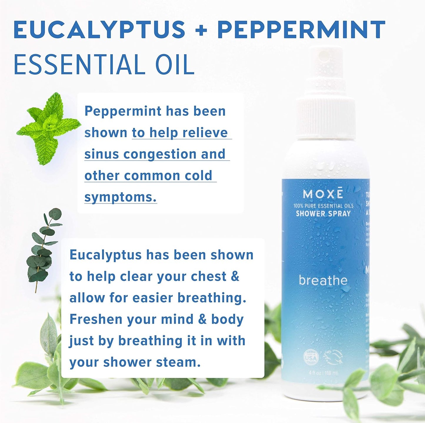 MOXĒ Breathe Eucalyptus & Peppermint Shower Mist, Spa Steam Spray, Certified Natural 100% Essential Oils, Made in USA, Aromatherapy, Sinus Congestion Relief, 4 Ounces