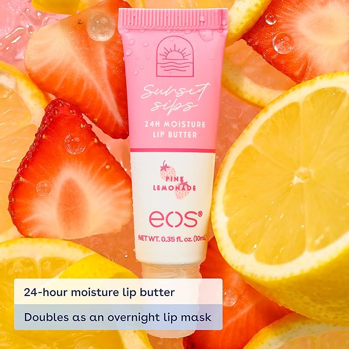 eos Sunset Sips Lip Butter Trio- Includes Pink Lemonade, Island Coconut & Wild Cherry Slushie Flavors, 24-Hour Moisture, Doubles as an Overnight Lip Mask, 3-Pack