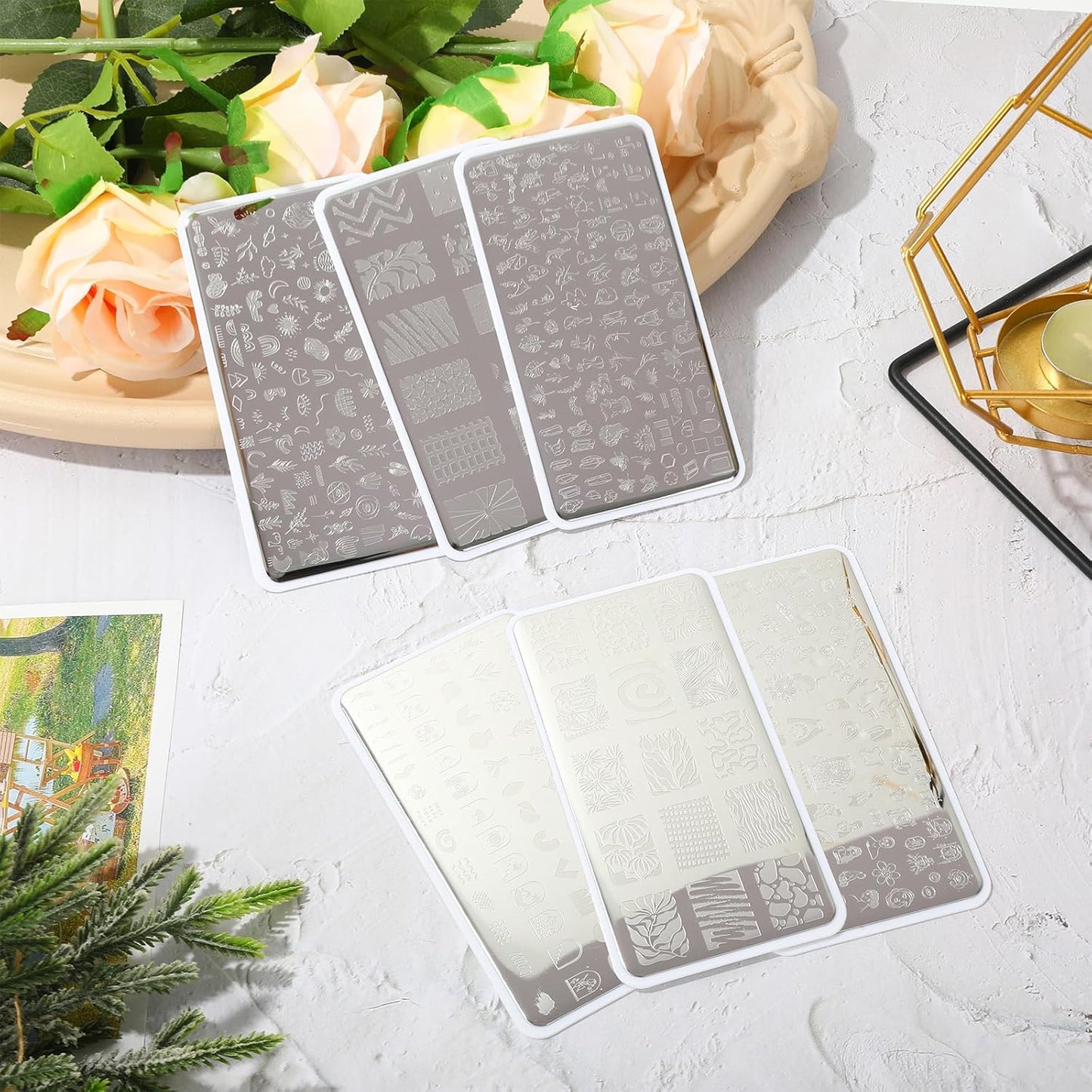 Whaline 6Pcs Abstract Lady Face Nail Plates Stamping Set Boho Plant Stamp Templates Nail Art Plates for DIY Print Manicure Salon Design Gift Supplies