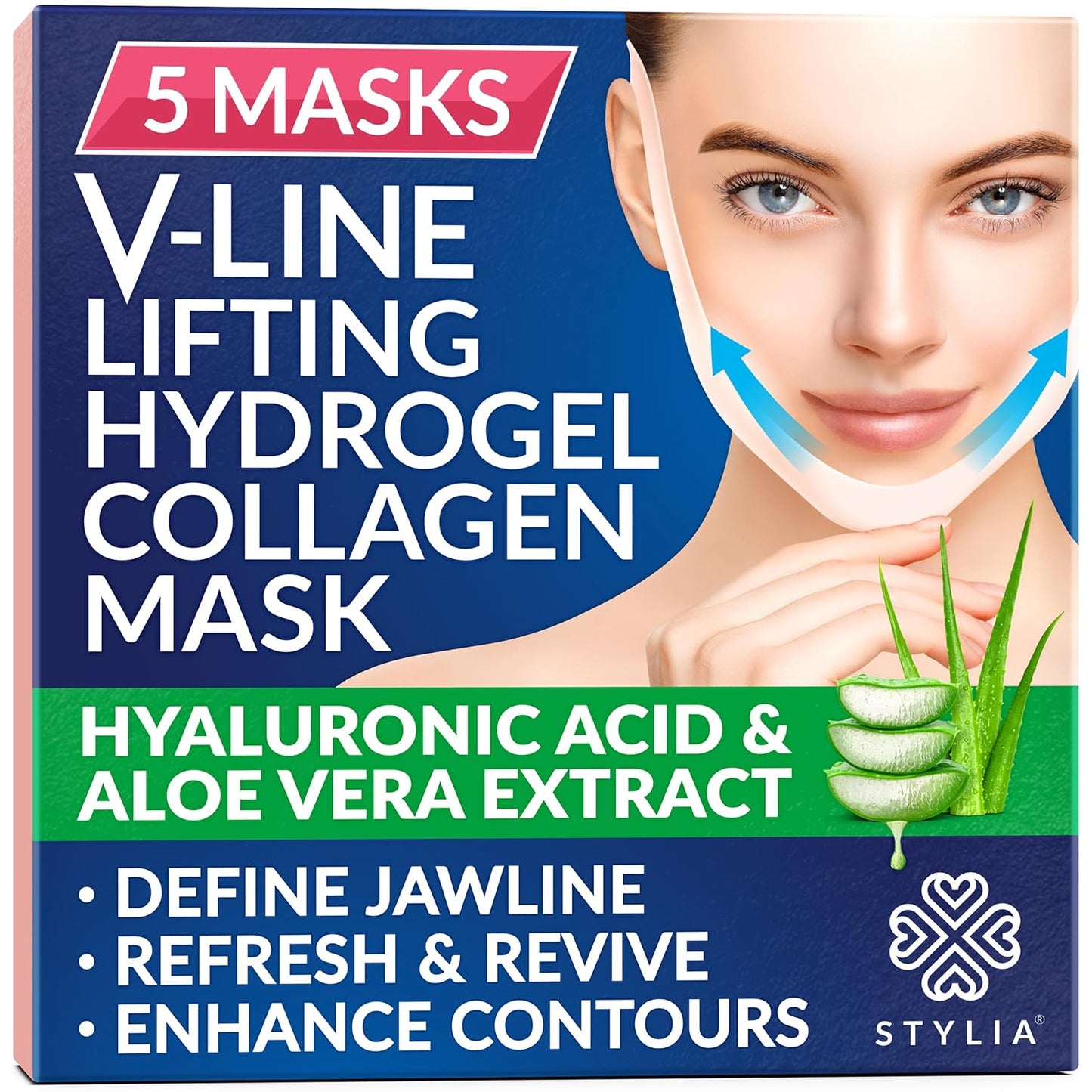 Stylia V Line Lifting Collagen Face Mask - Double Chin Strap for Women - Jawline Shaper Face Lift Tape - Neck Lift Collagen Mask - Chin Strap for Sleeping - Hyaluronic Acid, Aloe Vera, Cica 5PC