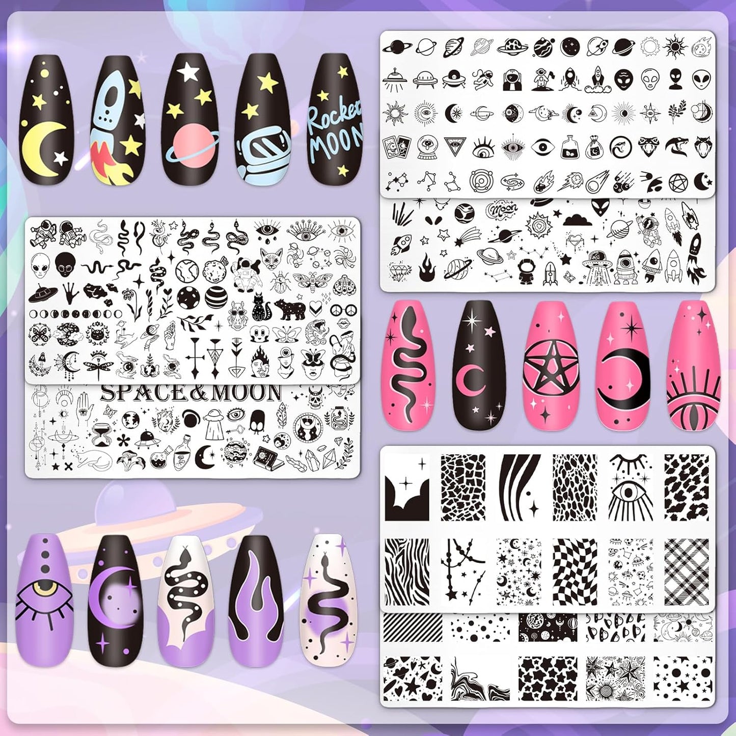 Whaline 6Pcs Outer Space Nail Plates Stamping Set Rocket Moon Planet Astronaut Stamp Templates Nail Art Plates for DIY Print Manicure Salon Design