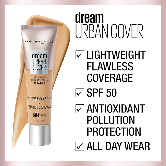 Maybelline Dream Urban Cover Flawless Coverage Foundation Makeup, SPF 50, Warm Nude