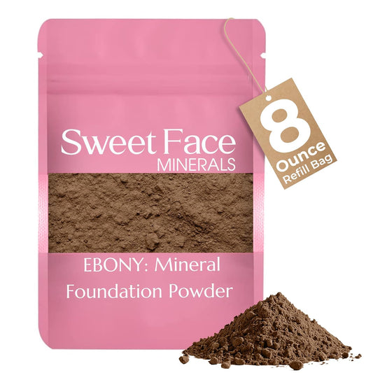 (8 Ounce) (EBONY) Foundation Powder Refill By Sweet Face Minerals, Lightweight Mineral Loose Makeup Powder with SPF 20, Full Coverage Flawless Finish, Talc-free, Cruelty-Free, Refillable Pouch