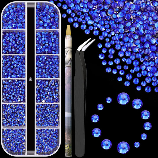 3600pcs Glass Royal Blue Nail Rhinestones 6 Sizes(1.8/2/2.4/2.8/3/4mm) Flatback Crystal Nail Charms Jewels Decoration for Nail Art and Crafting, Tweezer and Pickup Pen included