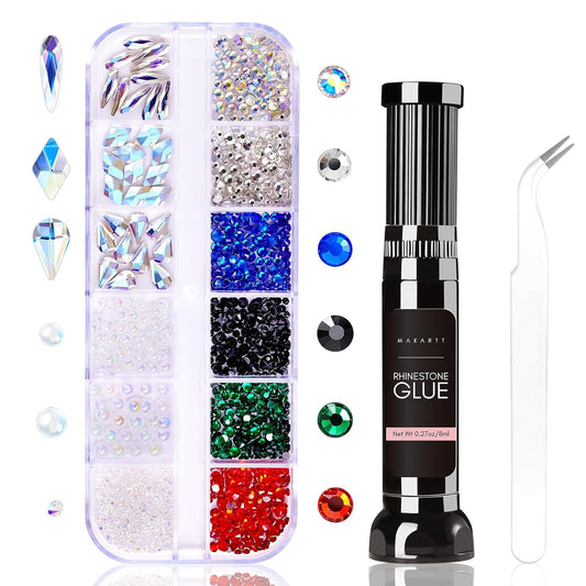 Makartt Rhinestone Glue Kit, 8ml Gel With Brush Pen Tip, Mixed Color Rhinestones, Pearls, Diamonds & Iridescent Crystals for Nail Art, DIY Home Decor, Christmas Design