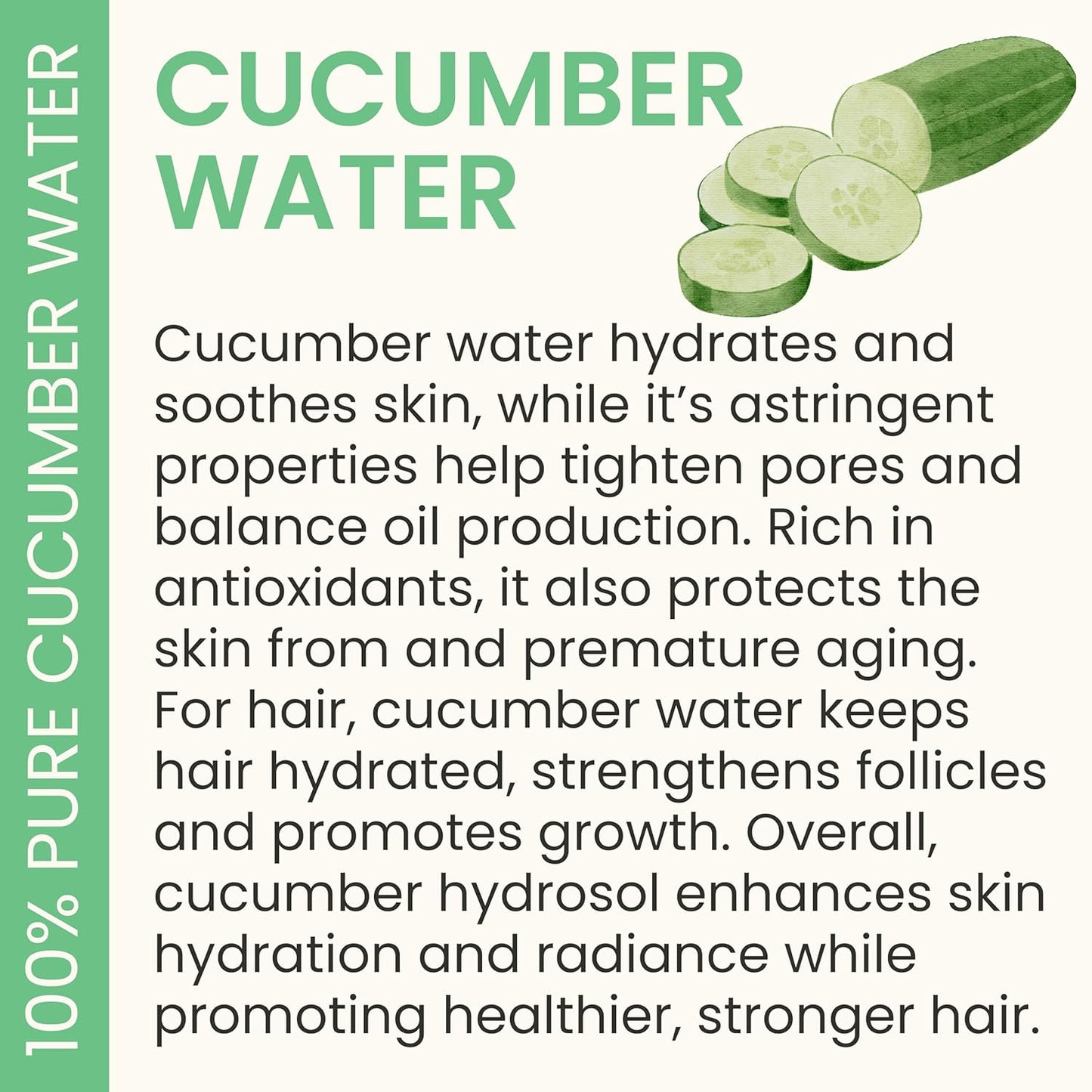 Cucumber Hydrosol Bulk - 32 oz All Natural Hydrating Spray Mist for Face and Hair - 100% All Natural Cucumber Water