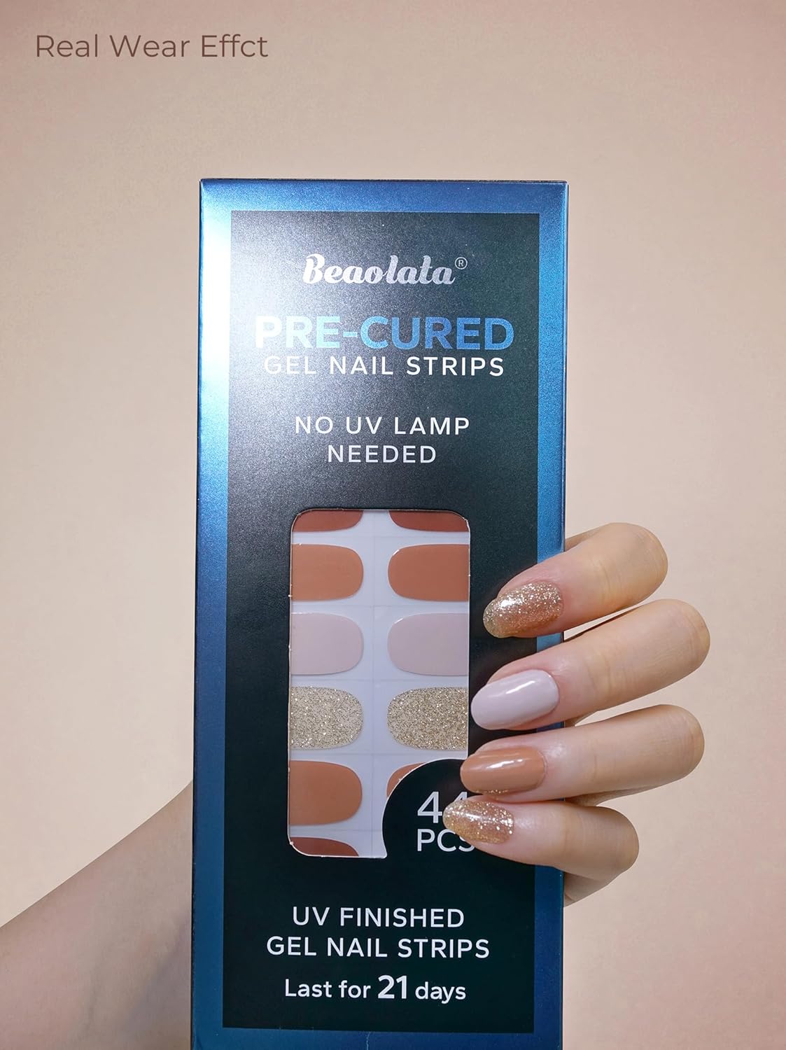 Pre Cured Gel Nail Strips - 44PCS Salon Quality Gel Nail Stickers - Long Lasting Polish Wraps for Women no UV Light Needed Easy Apply& Remove (Cinnamon Brown）