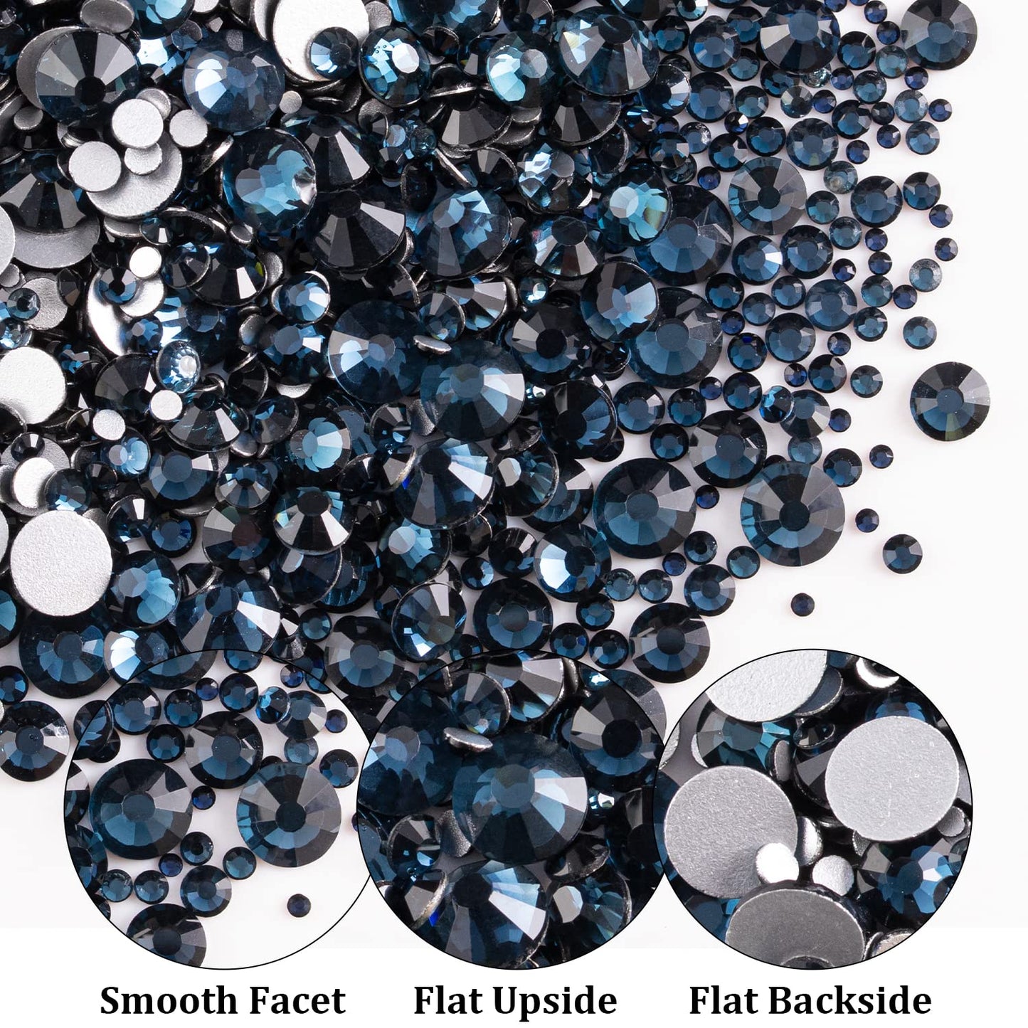 One Pack 2000 Pcs of Flatback Round Navy Blue Rhinestones 6 Sizes (1.5-6 mm) with Nail Art Rhinestone Picker Pencil and Tweezer for DIY and Salon Use