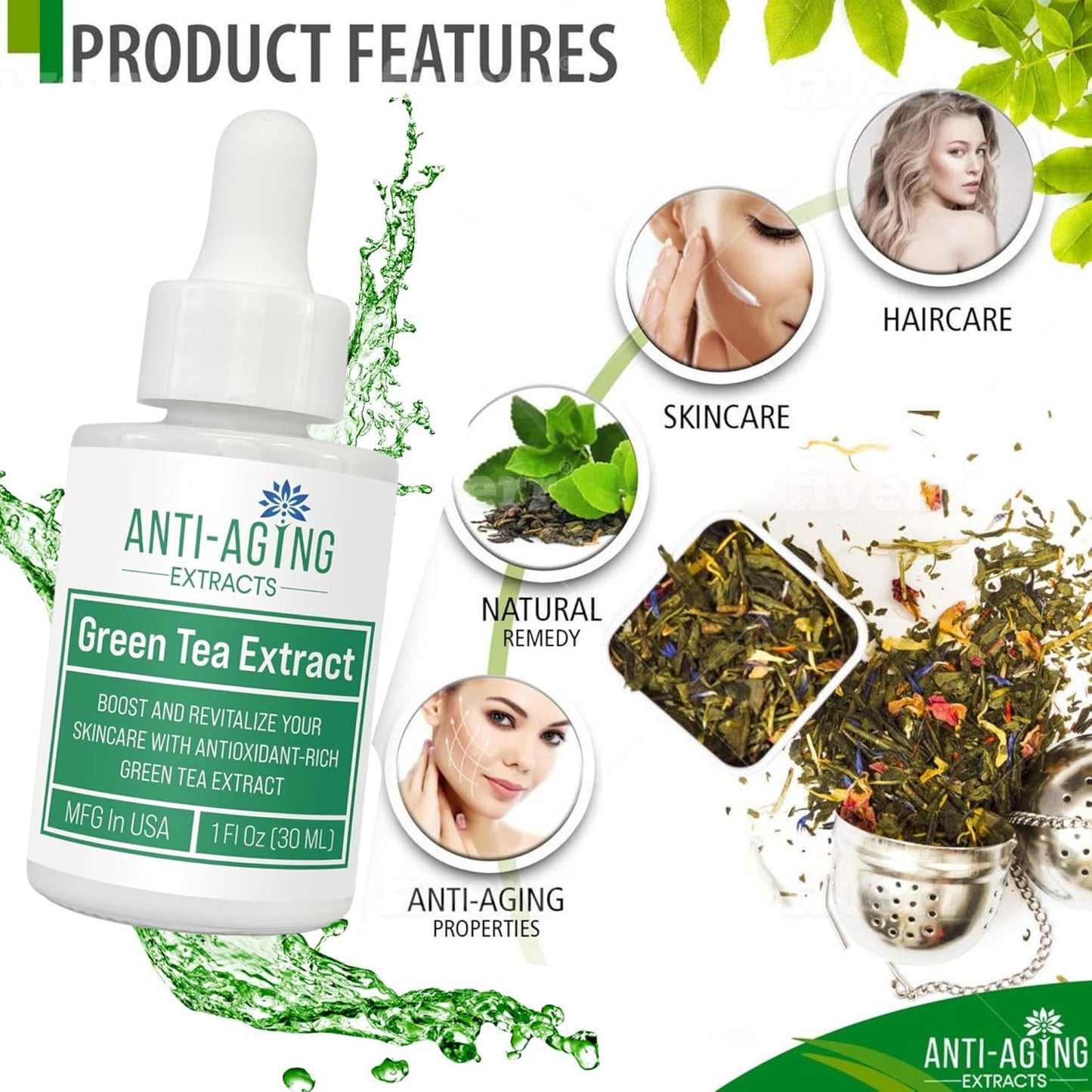 Green Tea Extract for Skin – Alcohol-Free, Cold-Processed Antioxidant Serum with USDA Organic Leaves – Cosmetic Grade for Face and DIY Skincare Formulations - 1 fl oz