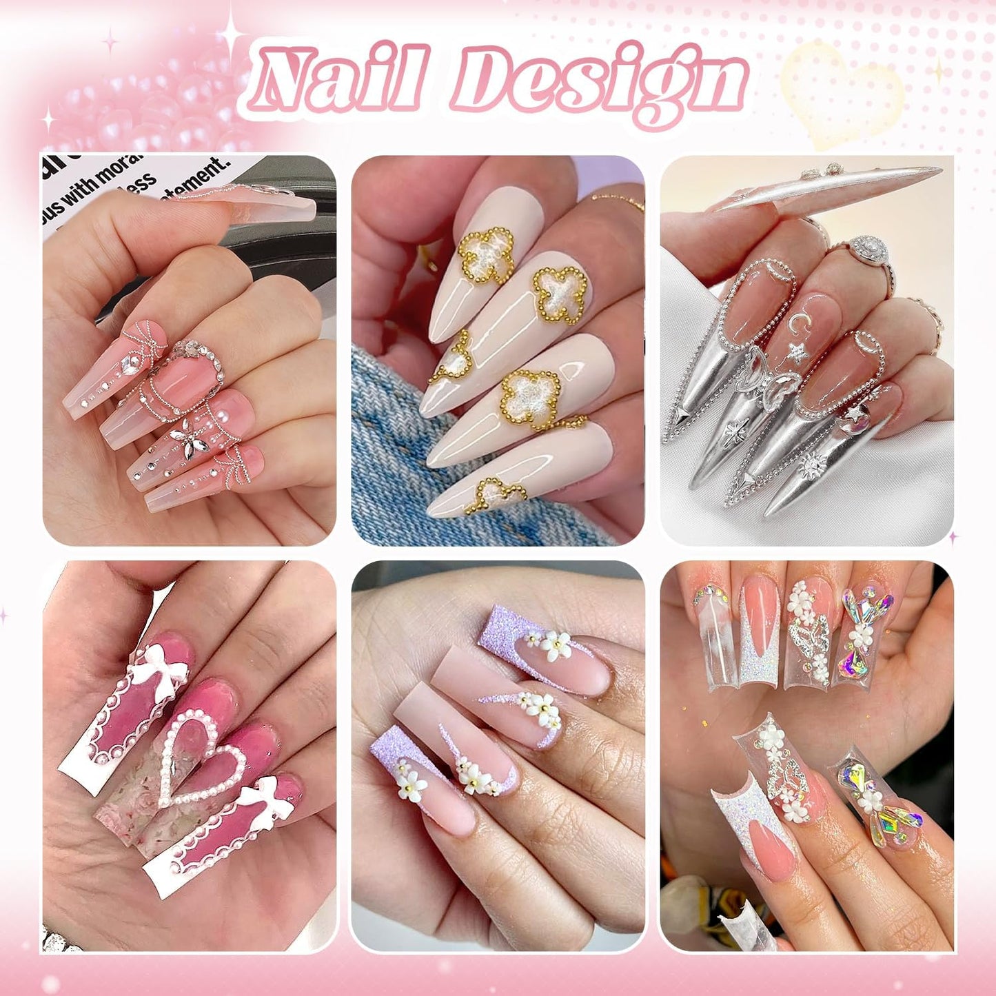 Metal 3D Flowers, Glass Rhinestones, Flatback Pearls, Caviar Beads for Nail Art - Multi Shapes Gems, Blossom Pearl Charms, Glue Gel for Manicure Decor