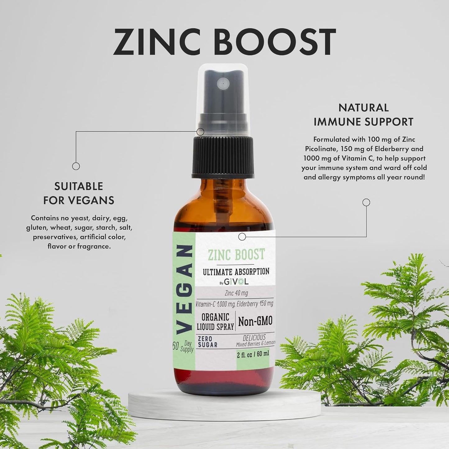 Organic ZINC Boost Mist 40 mg (Extra Strength) - Sugar Free with Vit C and Elderberry Extract - Vegan Liquid Spray for Kids and Adults - Easy Absorption - Non-GMO - (60 ml) 60 Days Supply