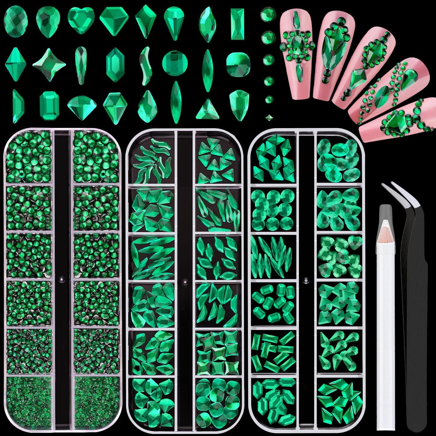 2750Pcs Emerald Green Glass Nail Rhinestones 240Pcs Multi Shapes Flatback Nail Gems + 2510Pcs 1.5-4mm Round Crystal, Manicure Nail Charms Diamond Gemstone for Acrylic Nails Decoration