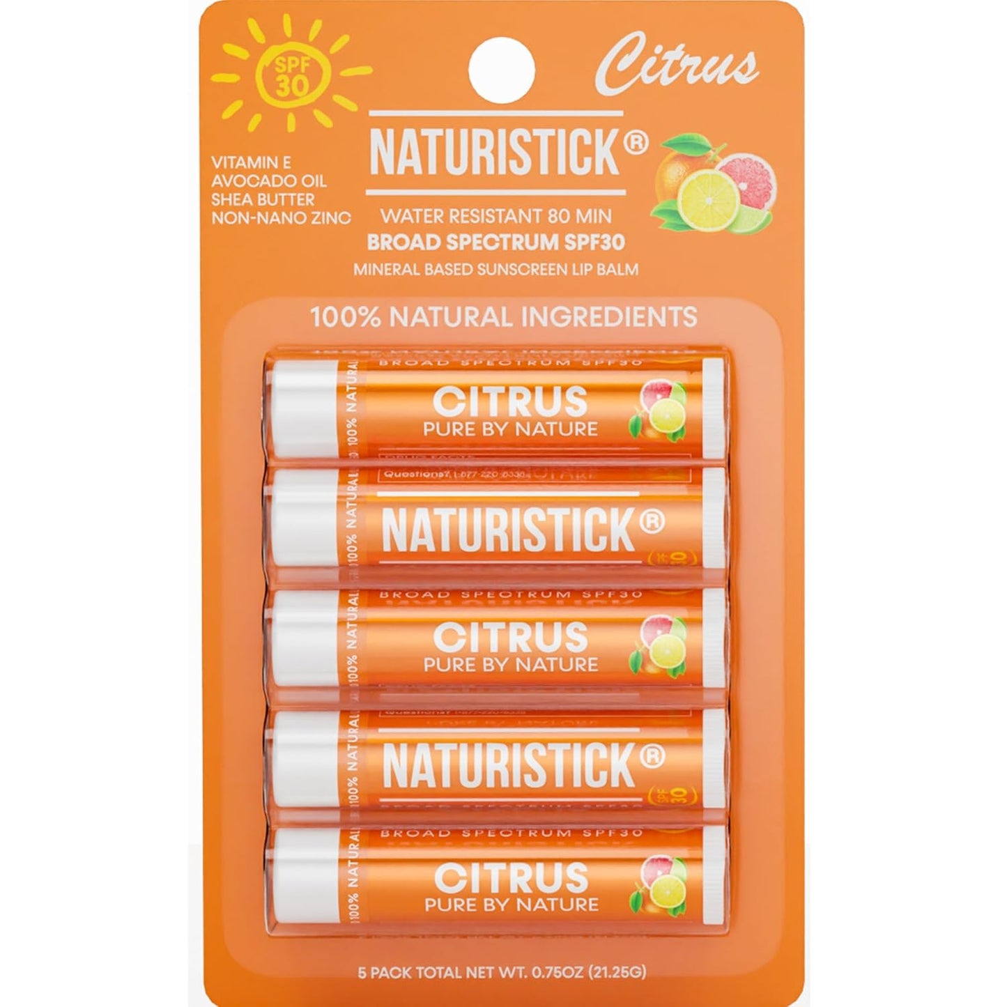Naturistick SPF 30 Vegan Lip Balm – Mineral Sunscreen with Zinc Oxide | Broad Spectrum UVA/UVB Protection | 100% Natural, Coral-Friendly Formula | Oxybenzone Free | 5-Pack Citrus | Made in USA