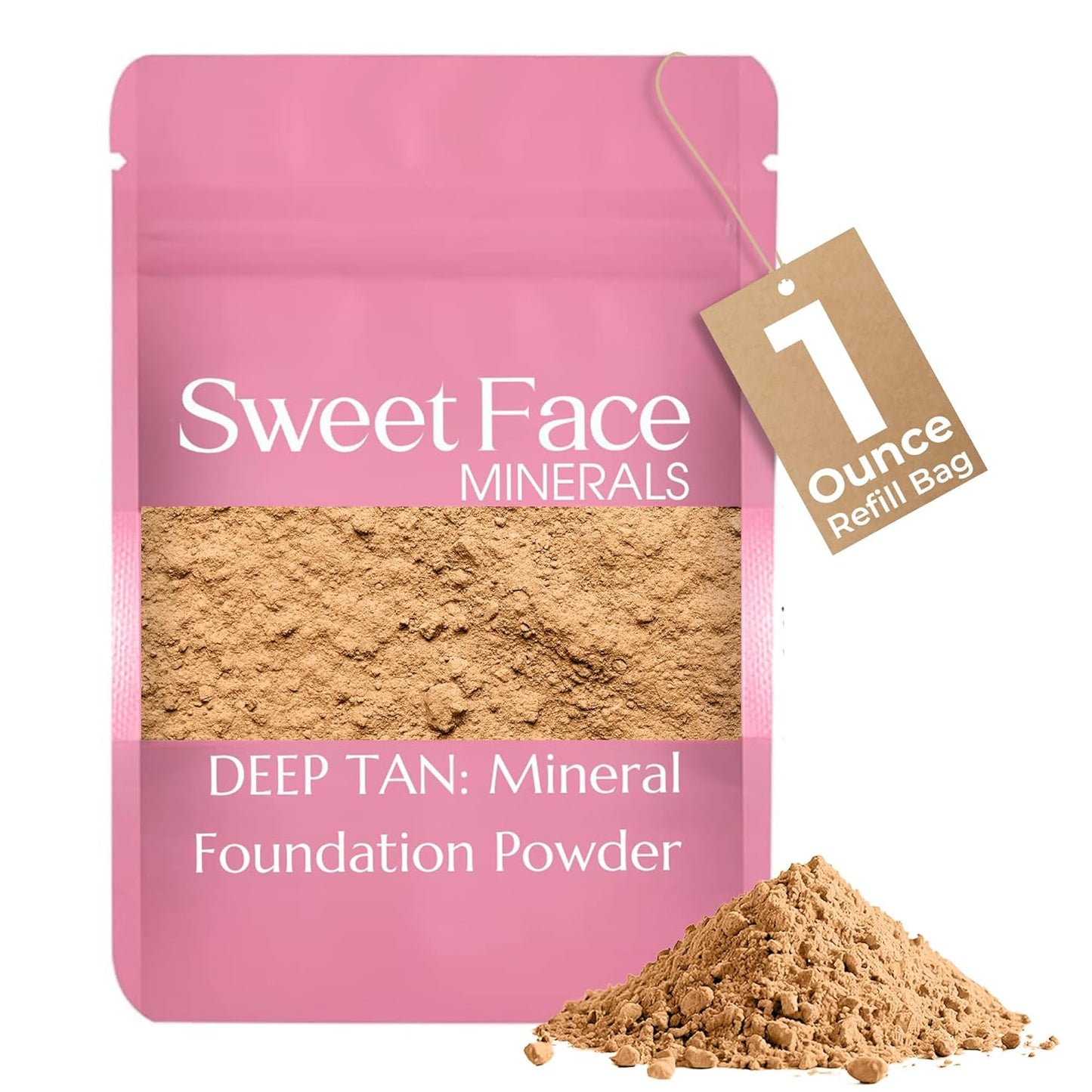 Foundation Refill (DEEP TAN)(1 Ounce Bag) By Sweet Face Minerals, Lightweight Mineral Loose Makeup Powder with SPF 20, Full Coverage Flawless Finish, Talc-free, Cruelty-Free, Refillable Pouch