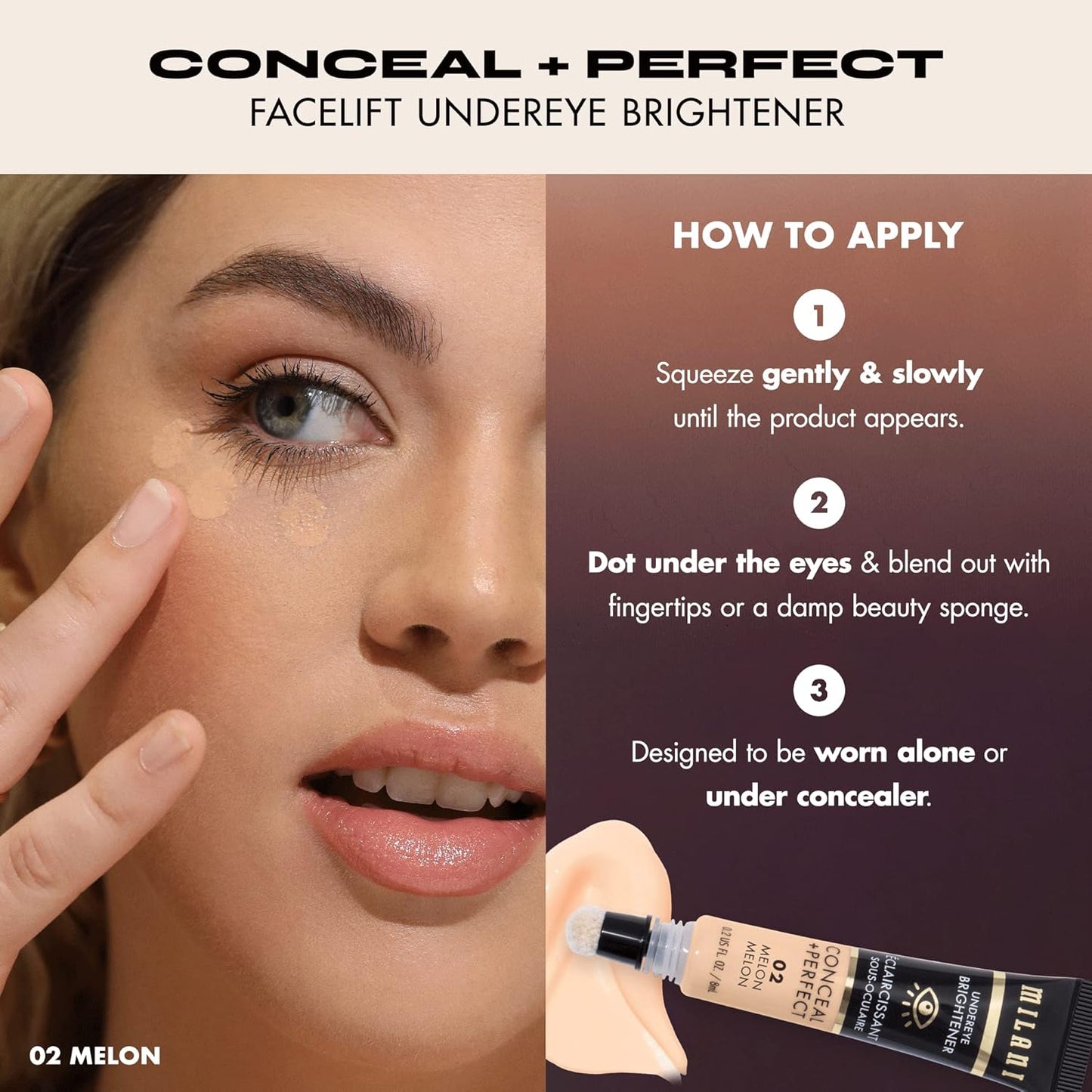 Milani Conceal + Perfect Undereye Brightener for Treating Dark Circles, Face Lift Collection - Rose
