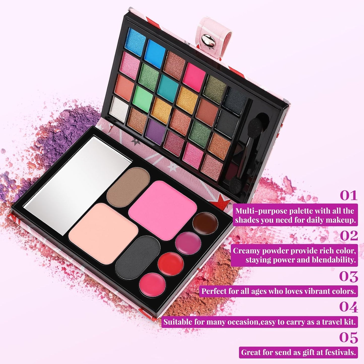 All in One Makeup Kit for Women Full Kit - 24 Eyeshadow, 4 Lipsticks, 1 Blushers, 1 Powder, 2 Eyebrow Powder, 1 Mirror, 1 Double Ended Brush, Makeup Gift Set for Teen Girls, Beginner and Professional