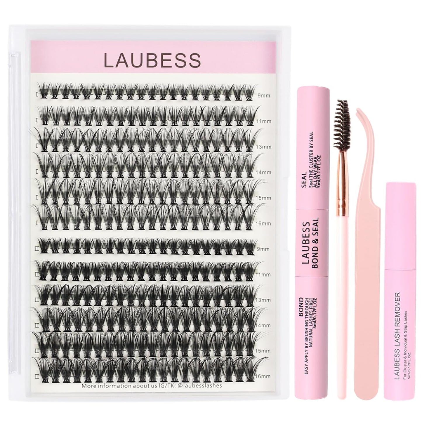 Lash Extension Kit LAUBESS Lash Clusters Kit Cluster Eyelash Extensions Kit Eyelash Clusters Lash Bond and Seal Waterproof Tweezers Brush Lash Glue Remover (Kit 30D-D-Mix9-16)