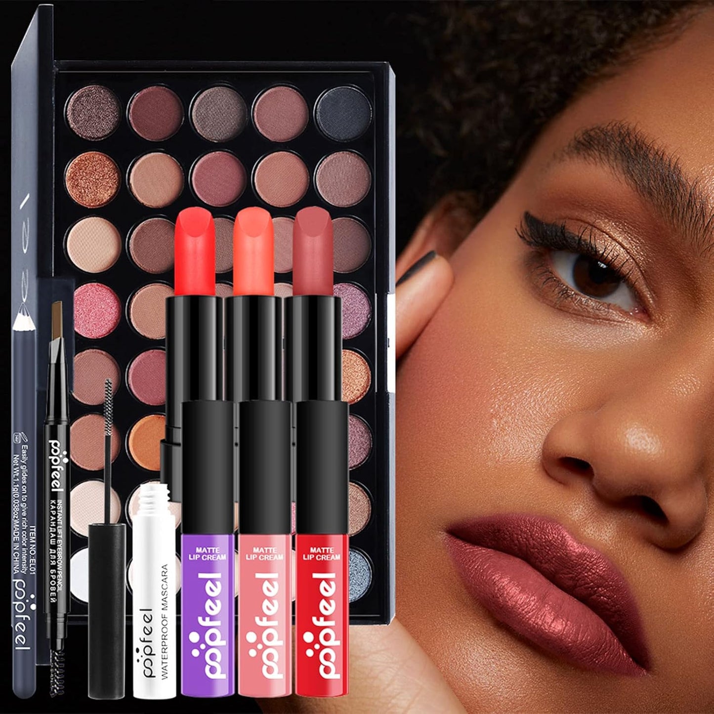 Makeup Kit For Women Full Kit, Naked Shimmer Eyeshadow Palette, Waterproof Black Eyeliner & Mascara, Makeup Tools Set, Lipstick, Premium Synthetic Foundation Powder for Medium to Dark Skin