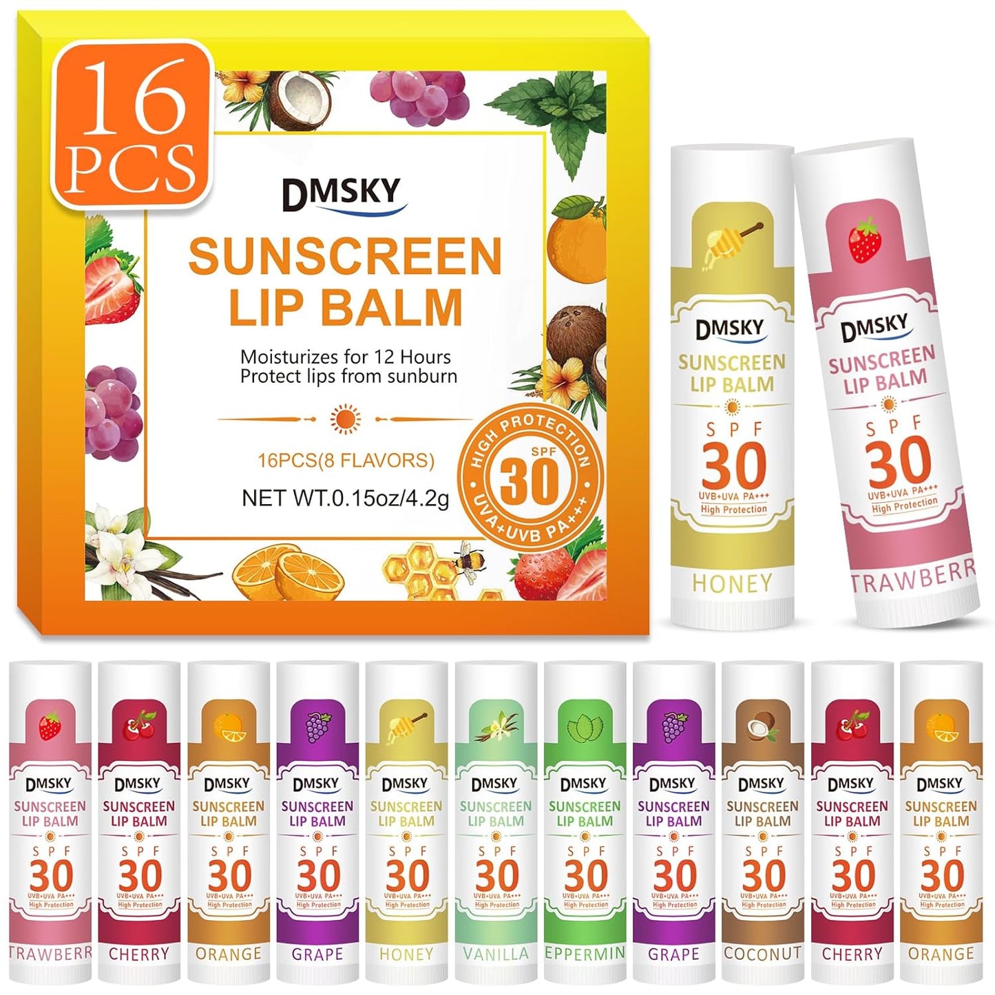 DMSKY SPF 30 Lip Balm Bulk 16 Pack, Sunscreen Lip Balm Broad Spectrum UVA/UVB Protection, Travel Size Sunscreen for Lips