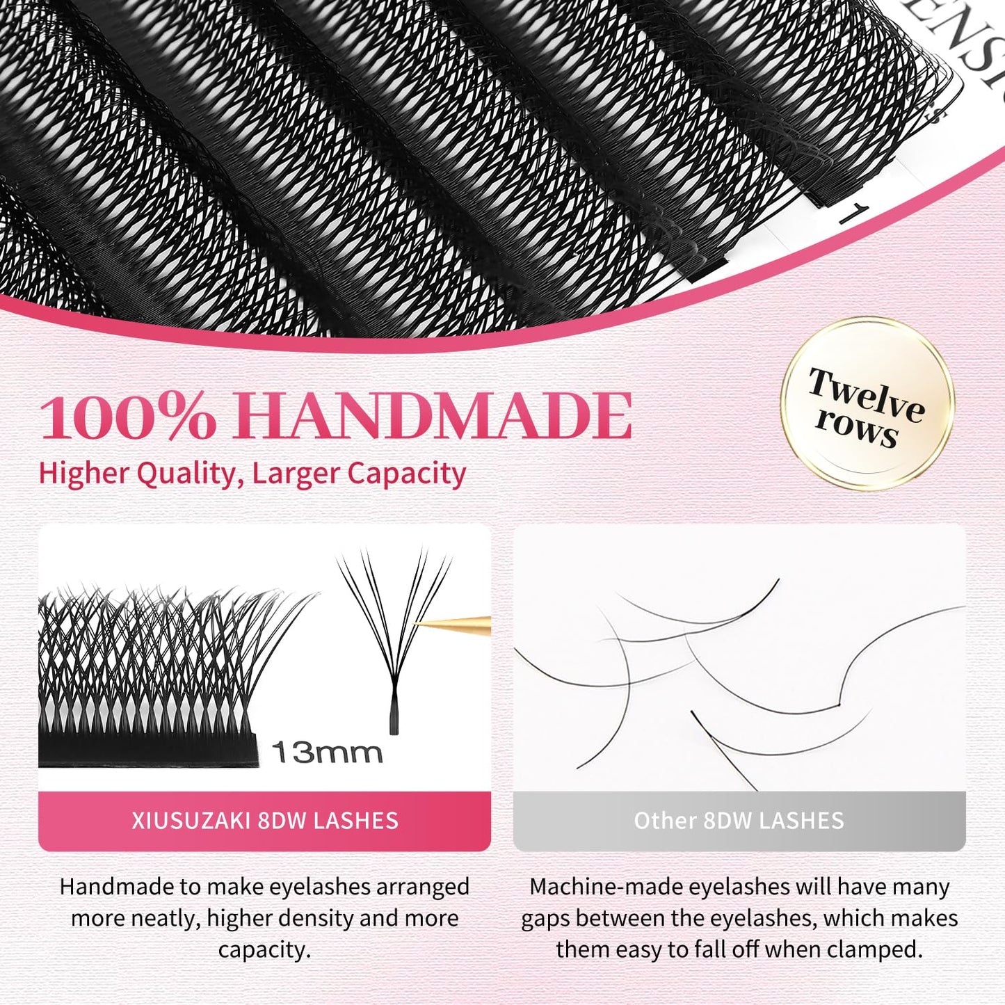 Lash Extensions Double Tips 4D Eyelash Extensions W Shape 0.07mm Thickness C Curl 11mm Premade Fans Easy Fan Volume Lashes Matte Black Crisscross(W-4D-Double Tips-0.07-C,11mm)