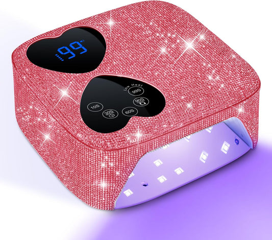 UV LED Nail Lamp Cordless, HUITINE 80W Rechargeable UV Light for Gel Nails with 5 Timers & Mirror Base, Professional Gel Light Dryer, Sparkling Rhinestones Curing Lamp for Salon & Home (Pink Diamond)
