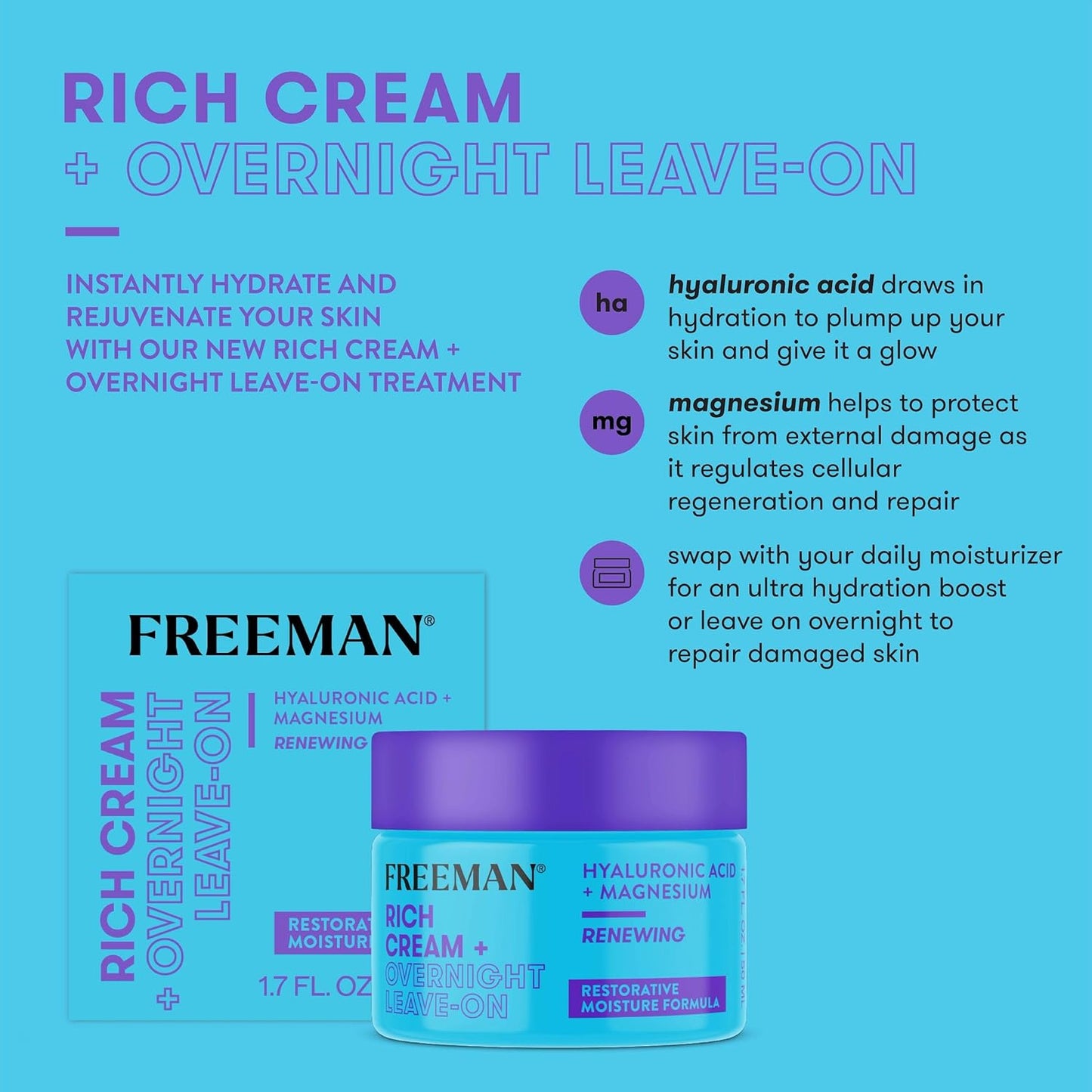 Freeman Restorative Moisturizing & Repairing Rich Cream + Overnight Leave-On Treatment, For Dull & Tired Skin, Infused With Magnesium & Hyaluronic Acid To Hydrate, 1.7 fl.oz./ 50 mL Jar (Pack of 2)