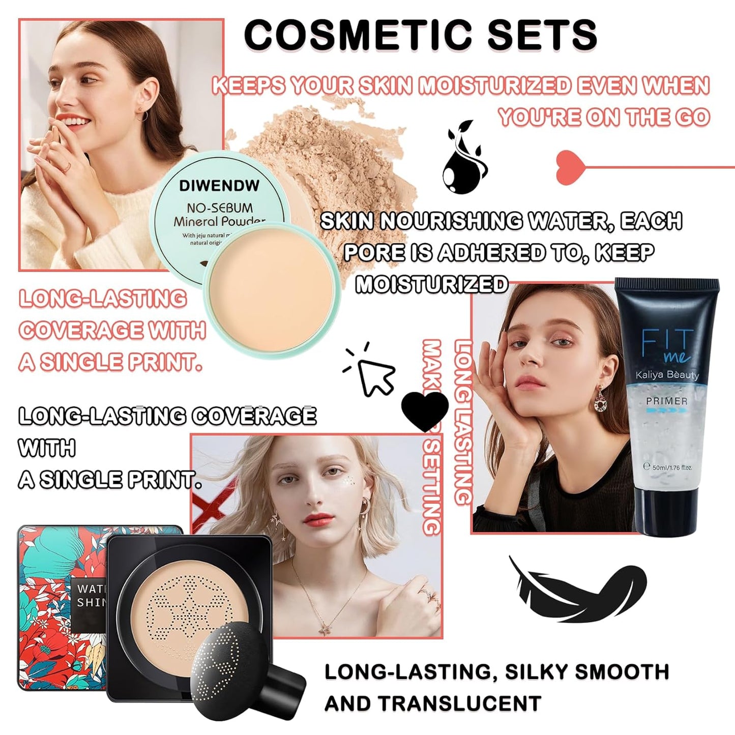 Mushroom Head Air Cushion CC Cream Full Coverage Liquid Foundation Set,Oil Control Concealer Lasting Moisturizing BB Cream,Loose Setting Face Powder Moisturizer Base Primer Makeup with Makeup Sponge