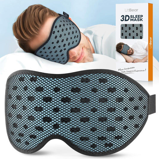 LitBear Breathable Sleep Mask, 3D Eye Mak Sleep for Side Sleepers Women Men, Light Blocking Sleeping Mask with Adjustable Strap, Soft Lightweight Eye Cover for Travel, Night Work, Nap -Ice Blue