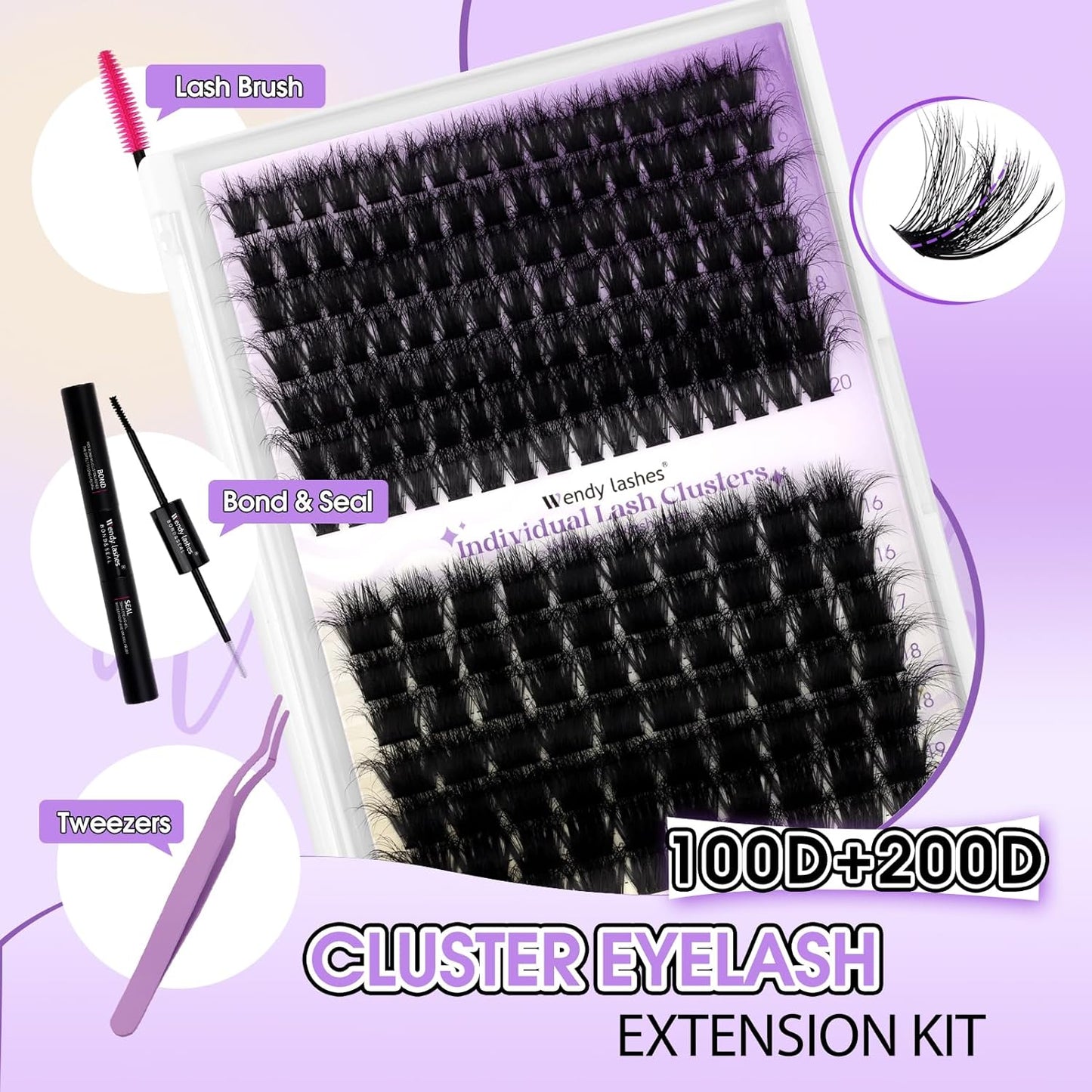 Lash Clusters Kit for Using at Home: Ultra-light, DIY, Natural, Fluffy, Wispy, Waterproof, Anime, Manga, Cat Eye, 3D Curl, 16-20mm, 100P+200P, Wendy, RT318