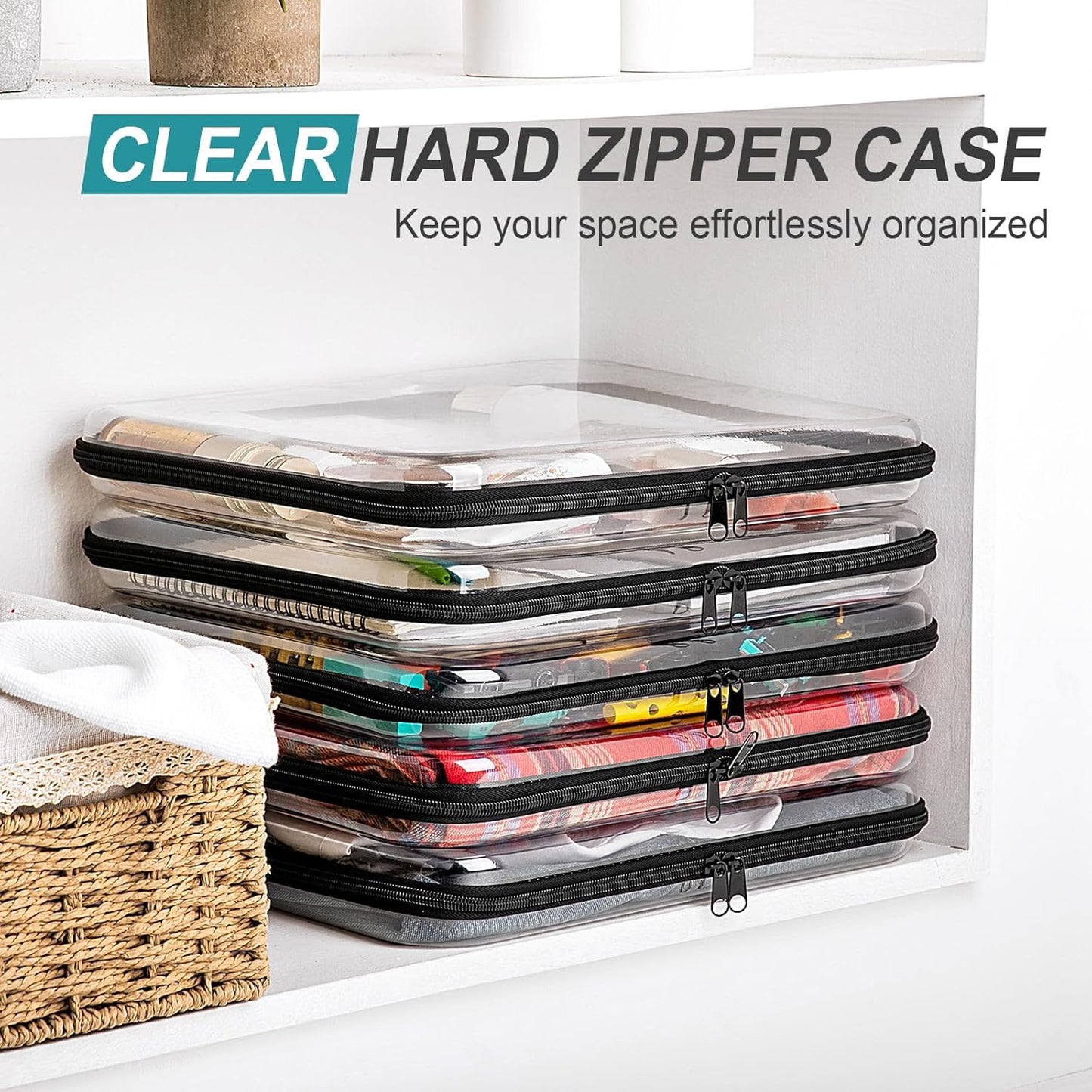 Sanwuta 6 Pcs Clear Hard Zipper Case Pencil Pouches Hard Plastic Zipper Pouches Makeup Bag Transparent Cases for Snacks Plastic Storage Organizer Box for Travel(Black,13.78 x 11.81 x 2 Inch)