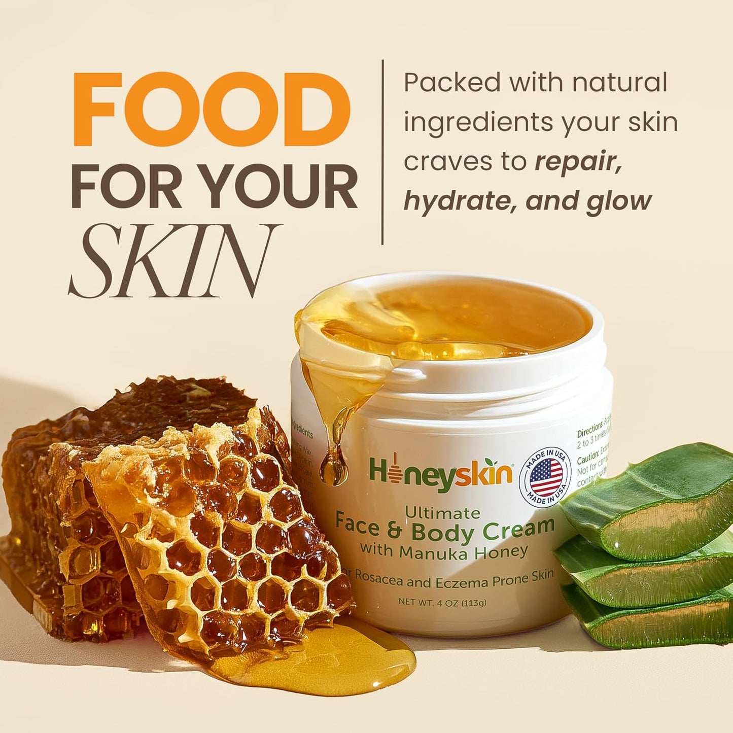Hydrating Face Moisturizer & Body Cream with Manuka Honey Cream - Organic Face Moisturizer with Honey for Extremely Dry Skin - for Dry & Itchy Skin, Rosacea & Eczema Prone Skin 4oz