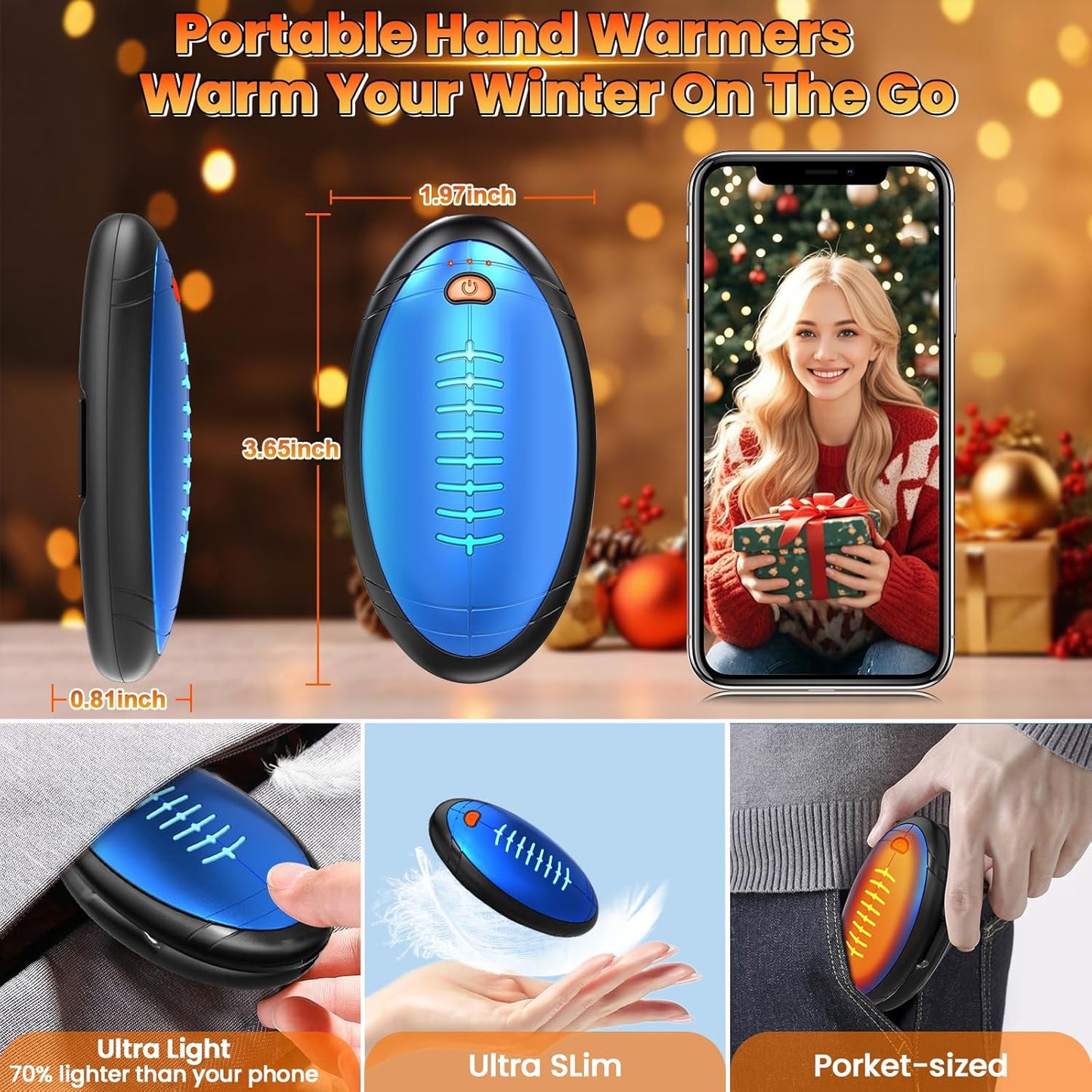 Hand Warmers Rechargeable, 2 Pack Temperature Electric Heater Football Shape Hand Warmer, Quick Charge Portable Hand Warmer Gift for Christmas Outdoors, Hunting, Golf, Camping