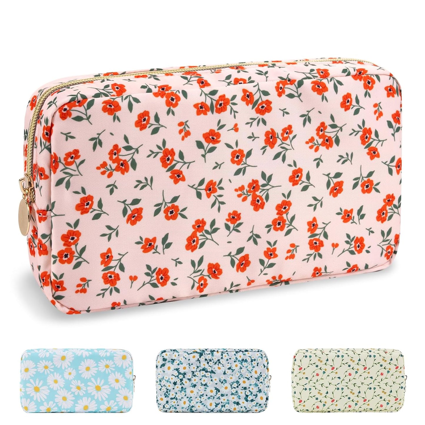 Waterproof Small Floral Makeup Bag Pouch for Purse,Nylon Flower Cosmetic Bag Preppy Travel Toiletry Storage Bag for Women Girl,Cute Makeup Organizer Bag Skincare Bag with Zipper(Small Pink-Flowers)