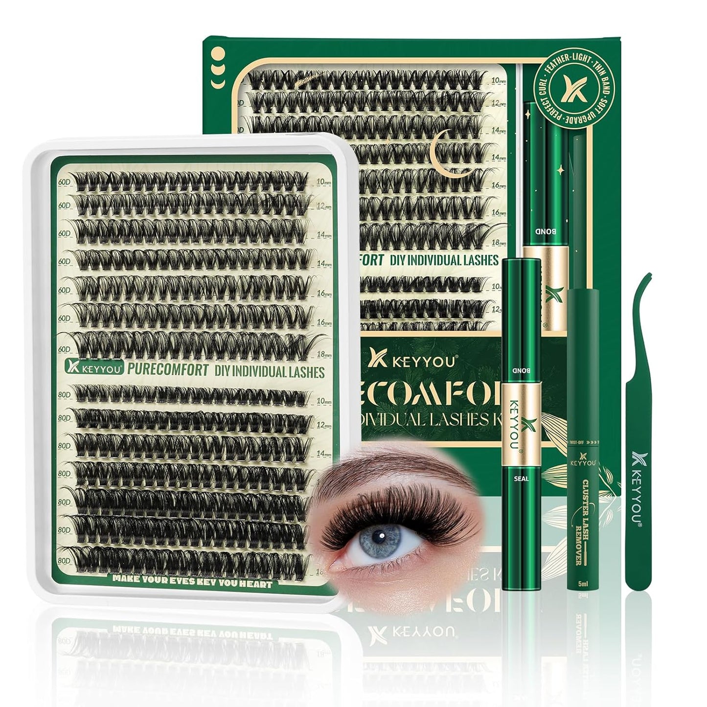 KEYYOU DIY Lash Extension Kit 280pcs Soft Lash Clusters 60D+80D C Curl Easy to use with Lash Bond and Seal Lash Applicator Lash Remover Eyelash Extension Kit at Home(RMkit-60D80D-C-10-18mix)