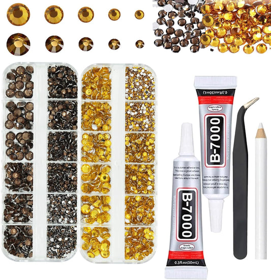 Gold and Brown Rhinestones with Glue(S8-S30) for Bedazzling, 2mm-6mm Non-Hotfix Flatback Nail Gems Beads with B7000, Resin Nail GemsStones Diamond Kit for Bedazzle Crafting, Nails DIY Art Decoration