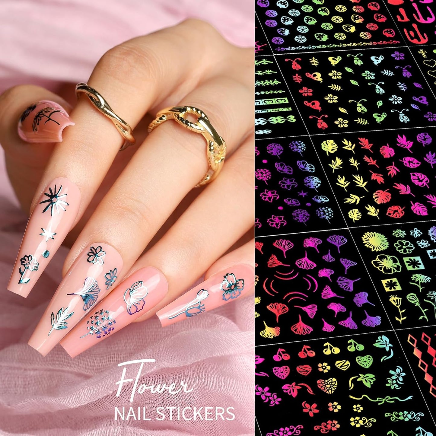 Teenitor 50 Sheets Nail Art Stickers, Rainbow Nail Stickers for Nail Art Nail Decals for Kids, Women, Fingernail in Halloween Christmas, Nail Supplies