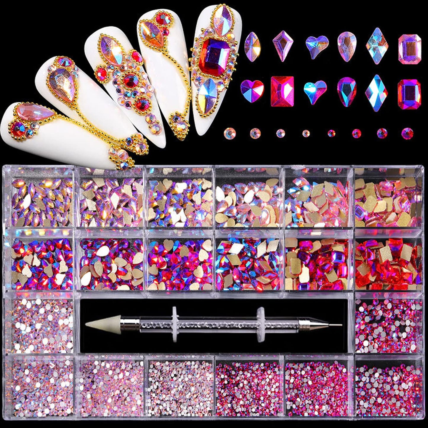 Nail Rhinestones Kit, Nail Art Decorations with Wax Pencil Flat AB Rhinestones Kit DIY Crafts Gemstones for Nail, Shoes, Clothes, Jewels (600 Powder diamonds + 2500 flat rhinestone)