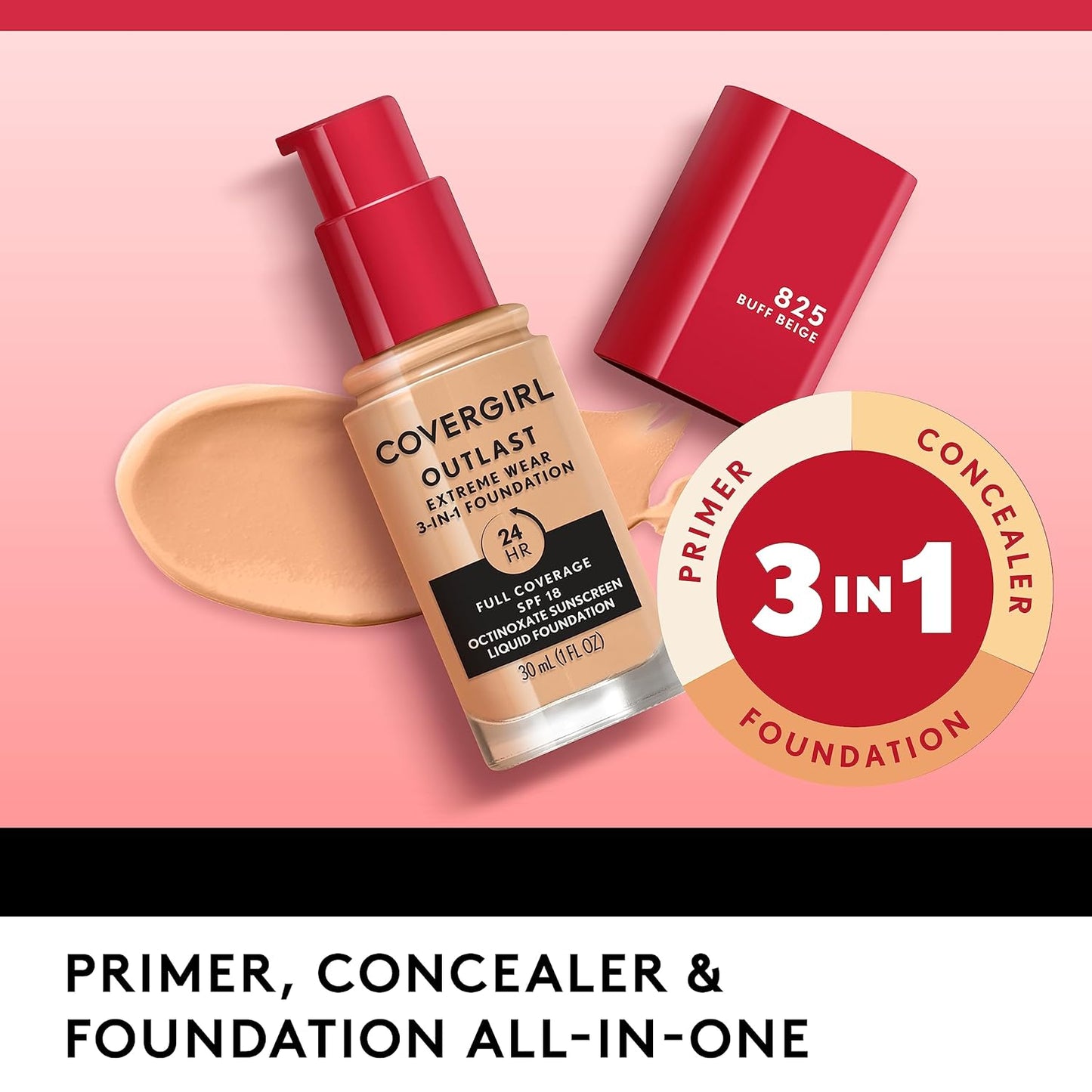 Covergirl Outlast Extreme Wear 3-in-1 Full Coverage Liquid Foundation, SPF 18 Sunscreen, Golden Natural, 1 Fl. Oz.