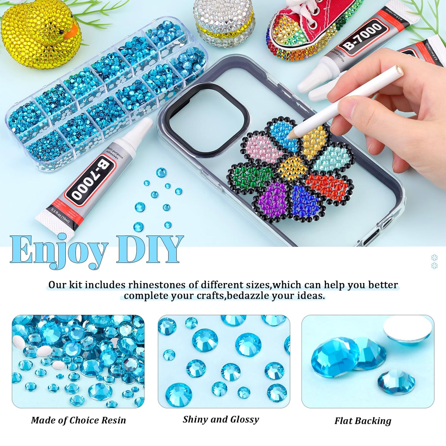 6000Pcs Resin Rhinestones for Bedazzling with 3Pcs B7000 Jewelry Glue, 1 Box Indicolite Flatback Rhinestones for Crafting Crafts DIY, Crystals Gems for Clothing Shoes Tumblers Nail Art Makeup