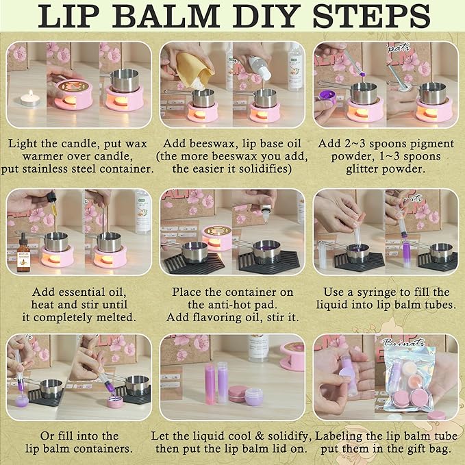 Lip Balm Making Kit - DIY Lip Gloss Kit to Make Your Own Lip Balm with Natural Beeswax, Lip Base Oil, Essential Oil, Tubes, Jars Lip Balm Craft Kit For Adults Girls Moisturizing Lip Care Kit